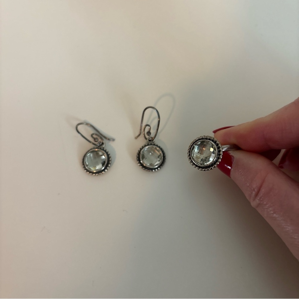 Pandora Sterling Silver and Green Peridot Jewelry Set Ring and Earrings